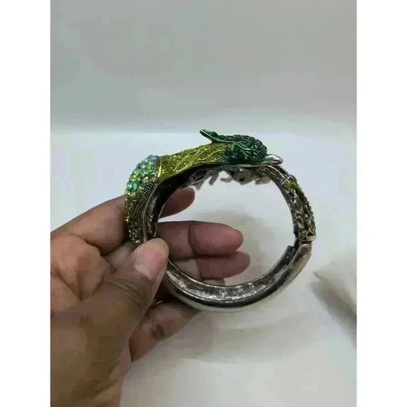 Peacock Design Rhinestone Silvertoned Clamper Cuff Bracelet Adjustable - Picture 7 of 12